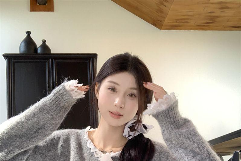 V-Neck Lace Panel Tie Front Oversized Sweater Product Image