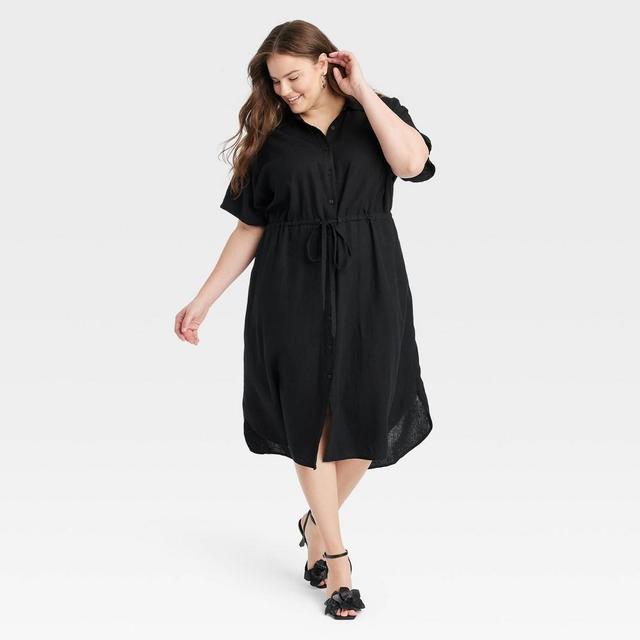 Womens Short Sleeve Linen Midi Shirtdress - A New Day Black XXL Product Image