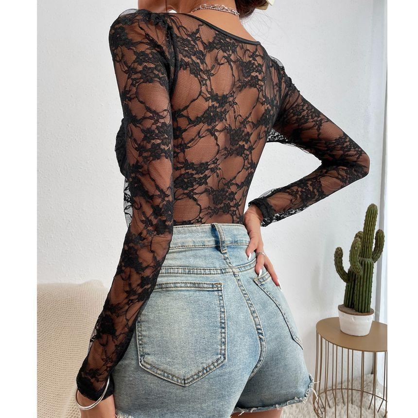 Long-Sleeve V-Neck Lace Bodysuit Top Product Image