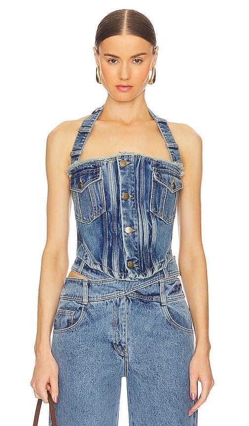 Monse Halter Denim Bustier Top Blue. (also in 0). Product Image