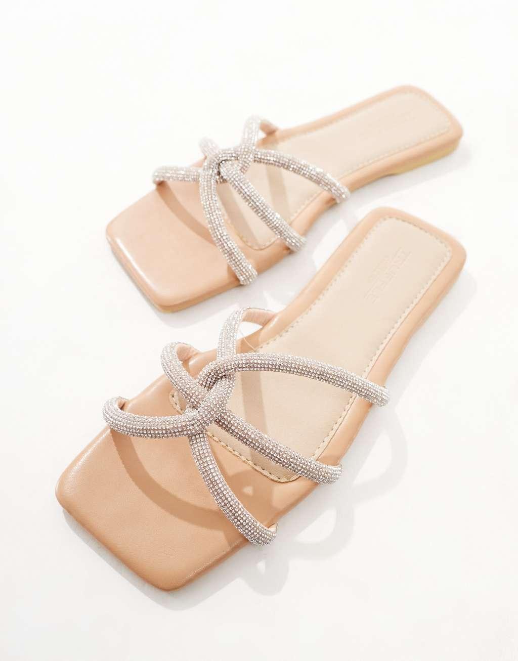 Truffle Collection wide fit embellished mules in beige Product Image