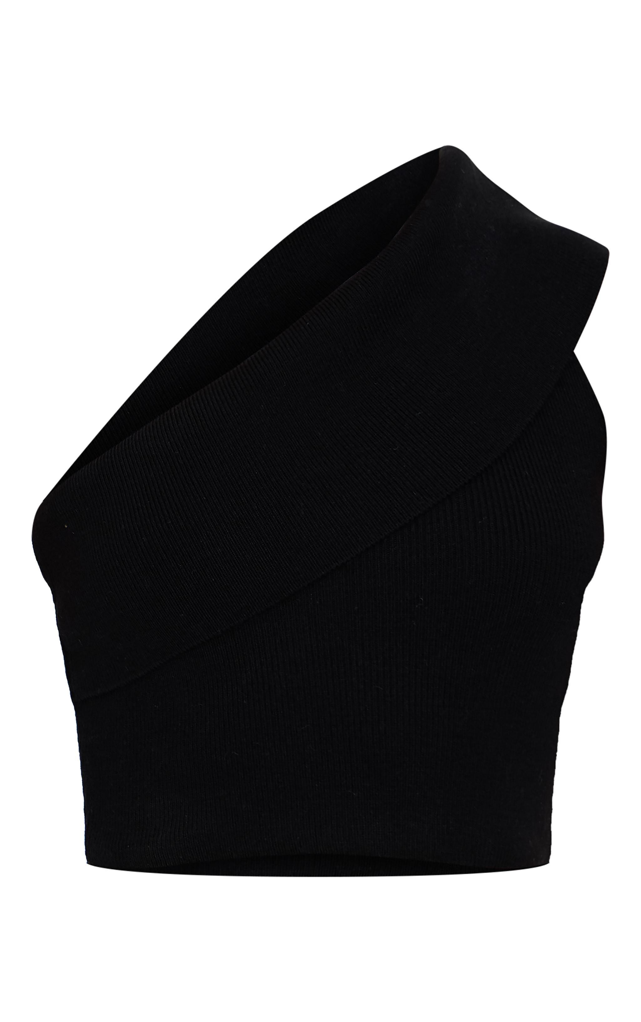 Black Soft Rib Knit One Shoulder Fold Over Crop Top Product Image