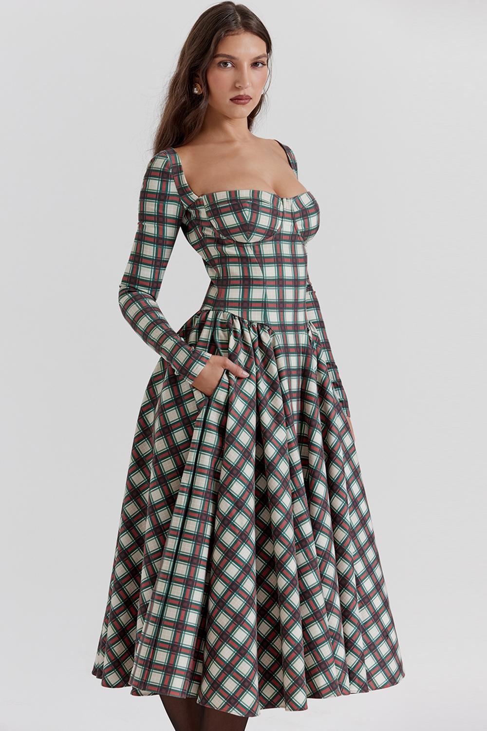 Eliza Red Tartan Corset Midi Dress - SALE Product Image