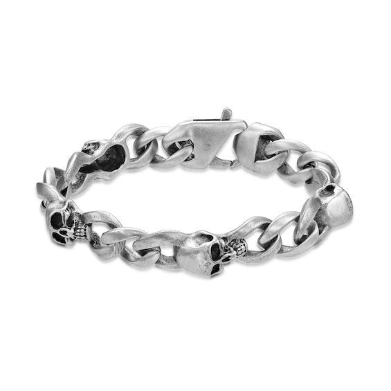 Men's 12.0mm Grey Skull Antique-Finish Link Bracelet in Stainless Steel - 8.5" Product Image