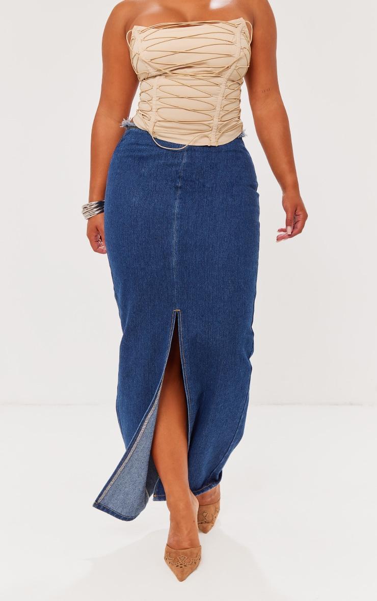 Shape Indigo Blue Wash Denim Raw Edge Maxi Skirt Product Image