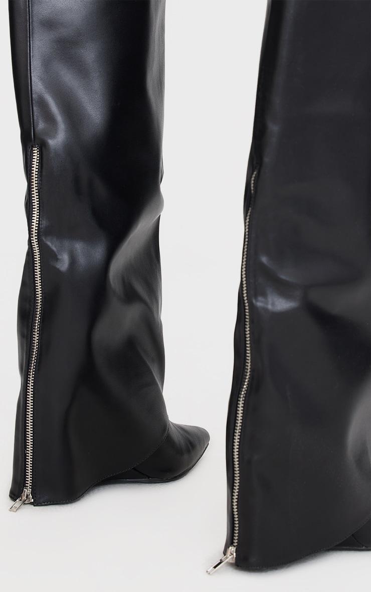 Wide Fit Black PU Fold Over Zip Detail Point Toe Knee High Wedge Heeled Boots Product Image