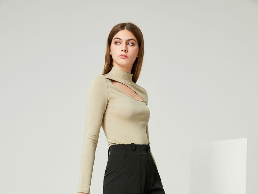 Eco-Friendly Long-Sleeve Mock-Neck  Cutout Top Product Image