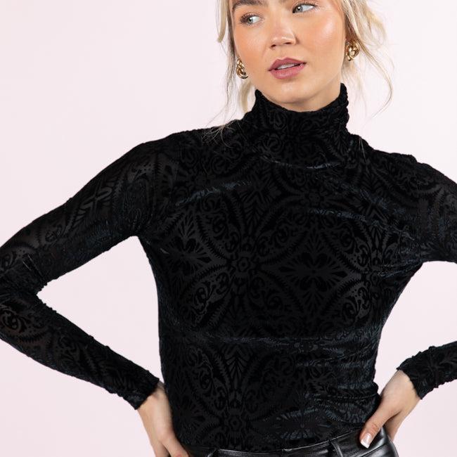 What A Wonderful World Black Velvet Printed Turtleneck Blouse product image