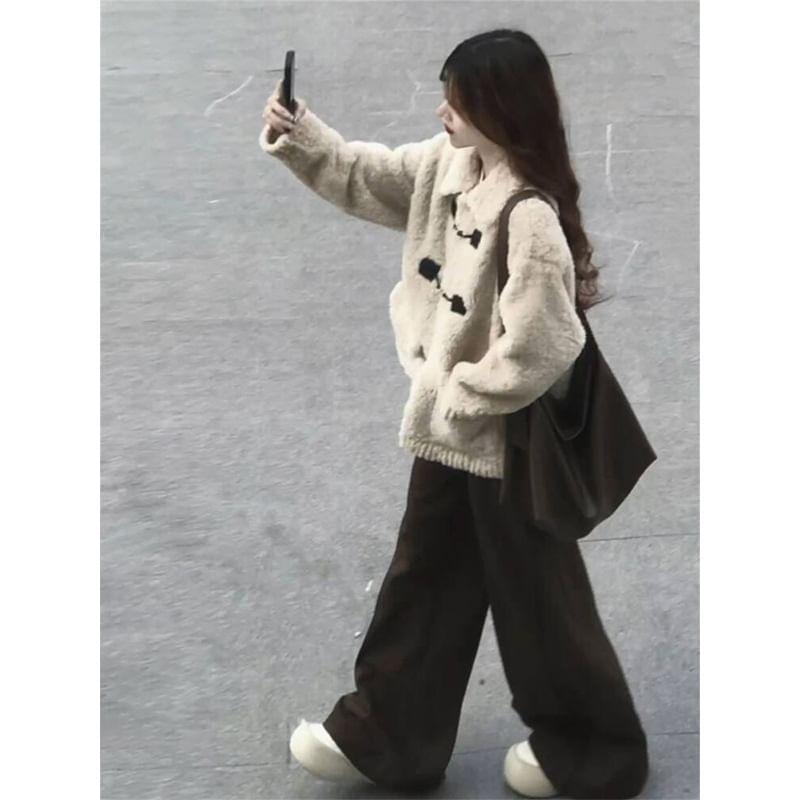 Collared Plain Fleece Buckled Coat Product Image