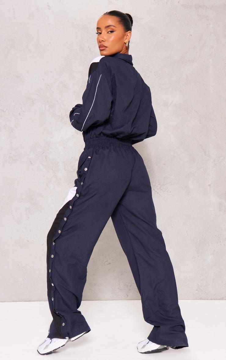 Blue Woven Contrast Popper Cuff Wide Leg Jumpsuit Product Image