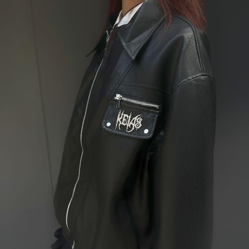 Lapel Collar Lettering Embroidered Faux Leather Zip Jacket Product Image