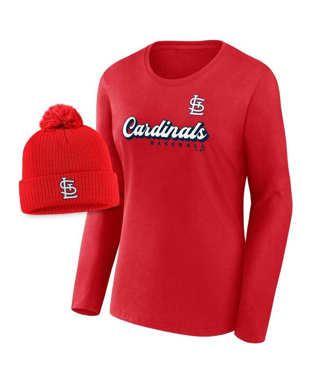 Womens Fanatics Red St. Louis Cardinals Run The Bases Long Sleeve T-shirt and Cuffed Knit Hat with Pom Combo Set Product Image