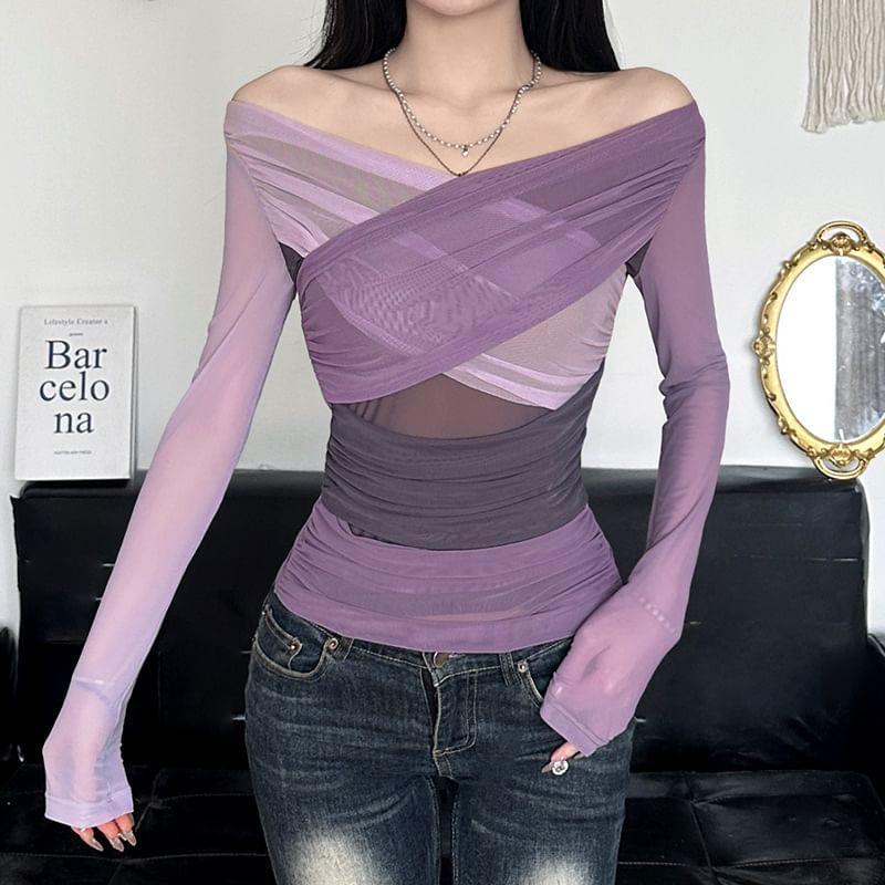 Long Sleeve Off-Shoulder Color-Block Mesh Ruched Slim-Fit Top Product Image