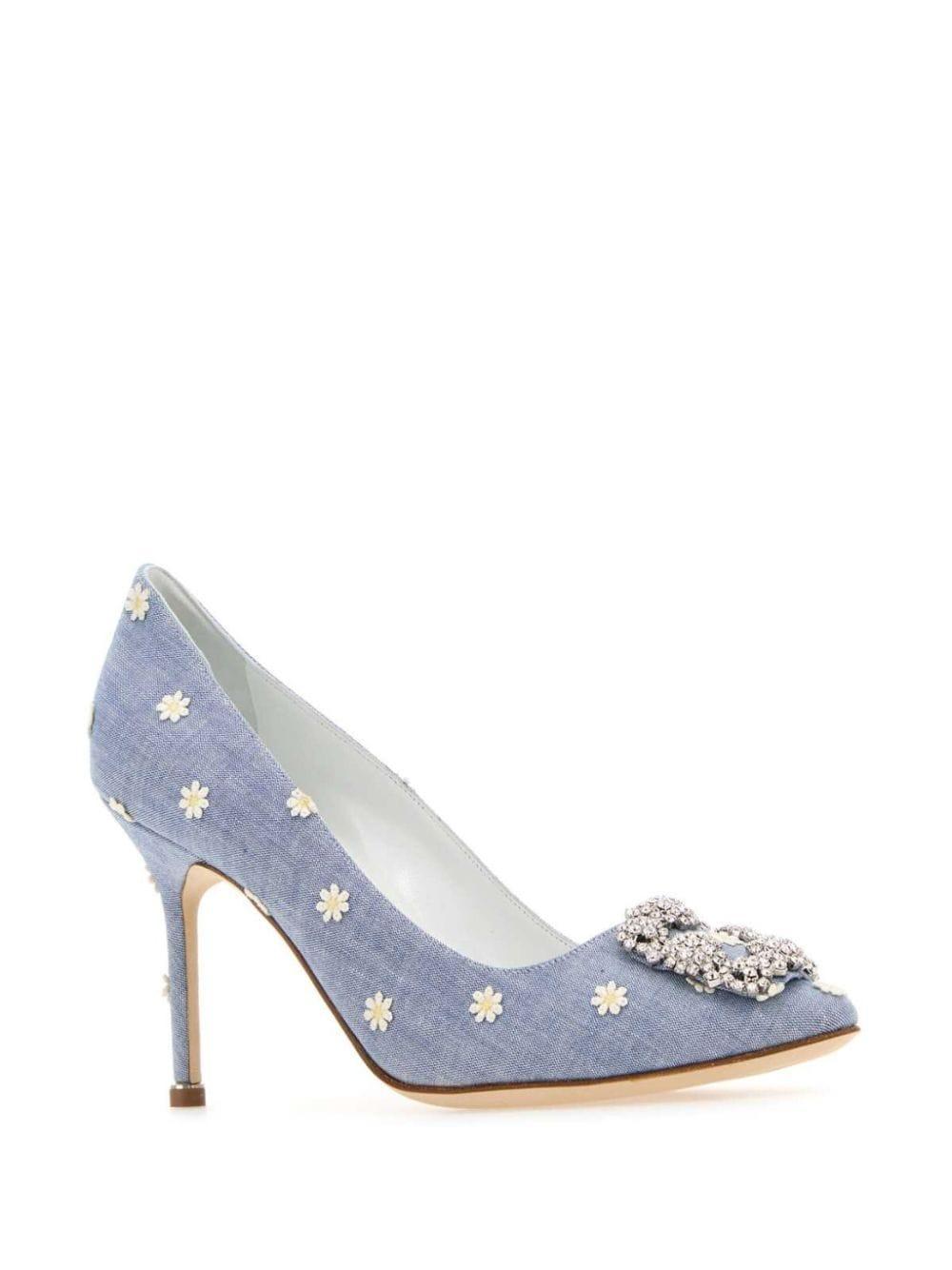 MANOLO BLAHNIK 90mm Hangisi Canvas Pumps In Light Blue,white Product Image