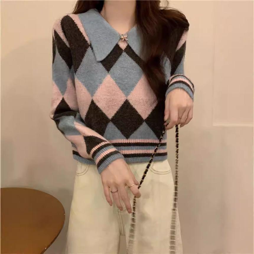 Long-Sleeve Argyle Print Polo-Neck Sweater Product Image