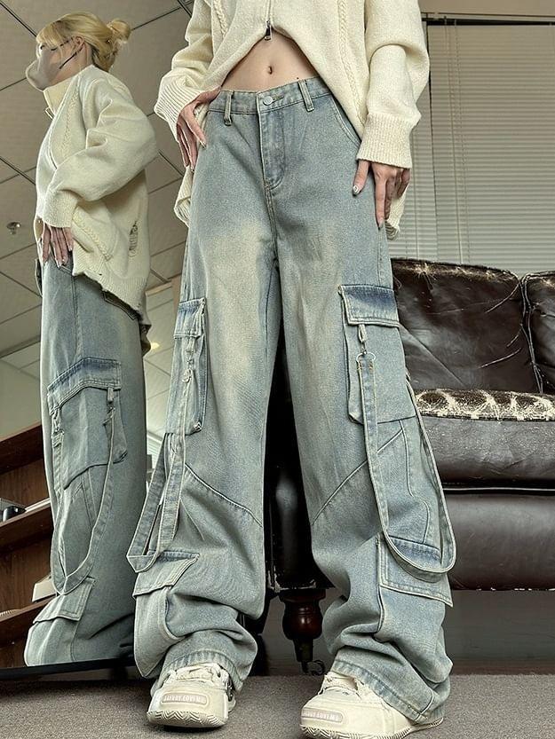 Mid Rise Washed Wide Leg Cargo Jeans / High Rise Straight Leg Jeans Product Image