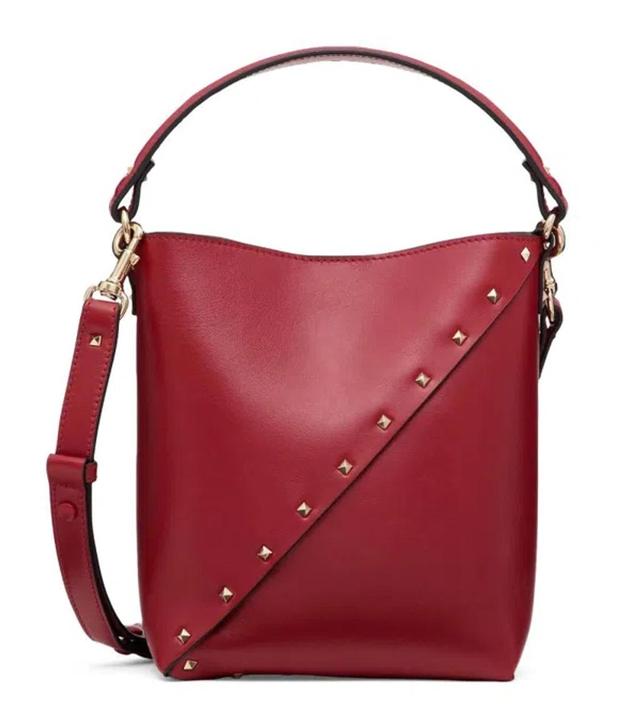 Small Leather Rockstud Wispy Bucket Bag In Red Product Image