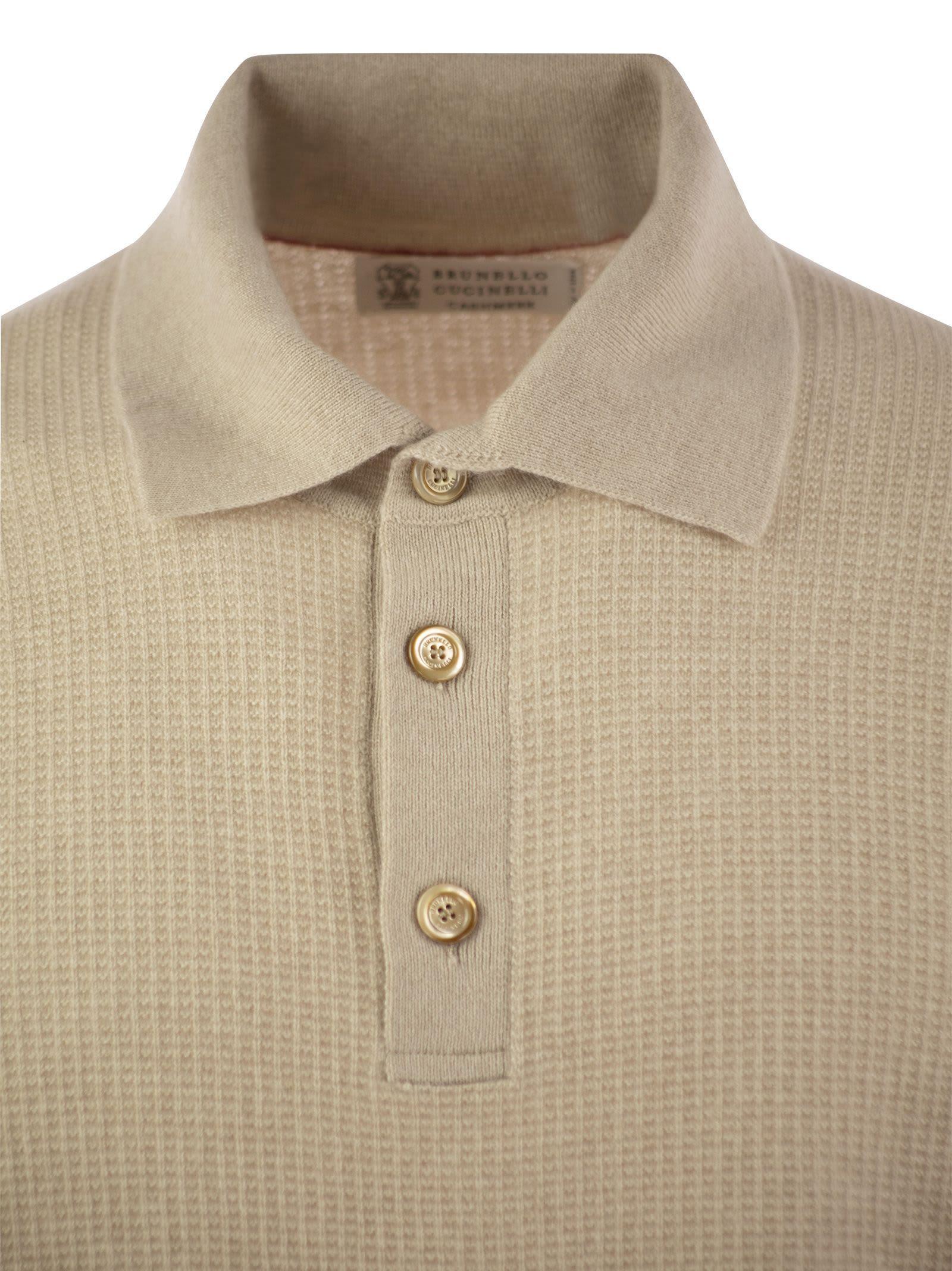 BRUNELLO CUCINELLI Waffle Stitch Cashmere Knit Polo Shirt With Long Sleeve In Sand Product Image