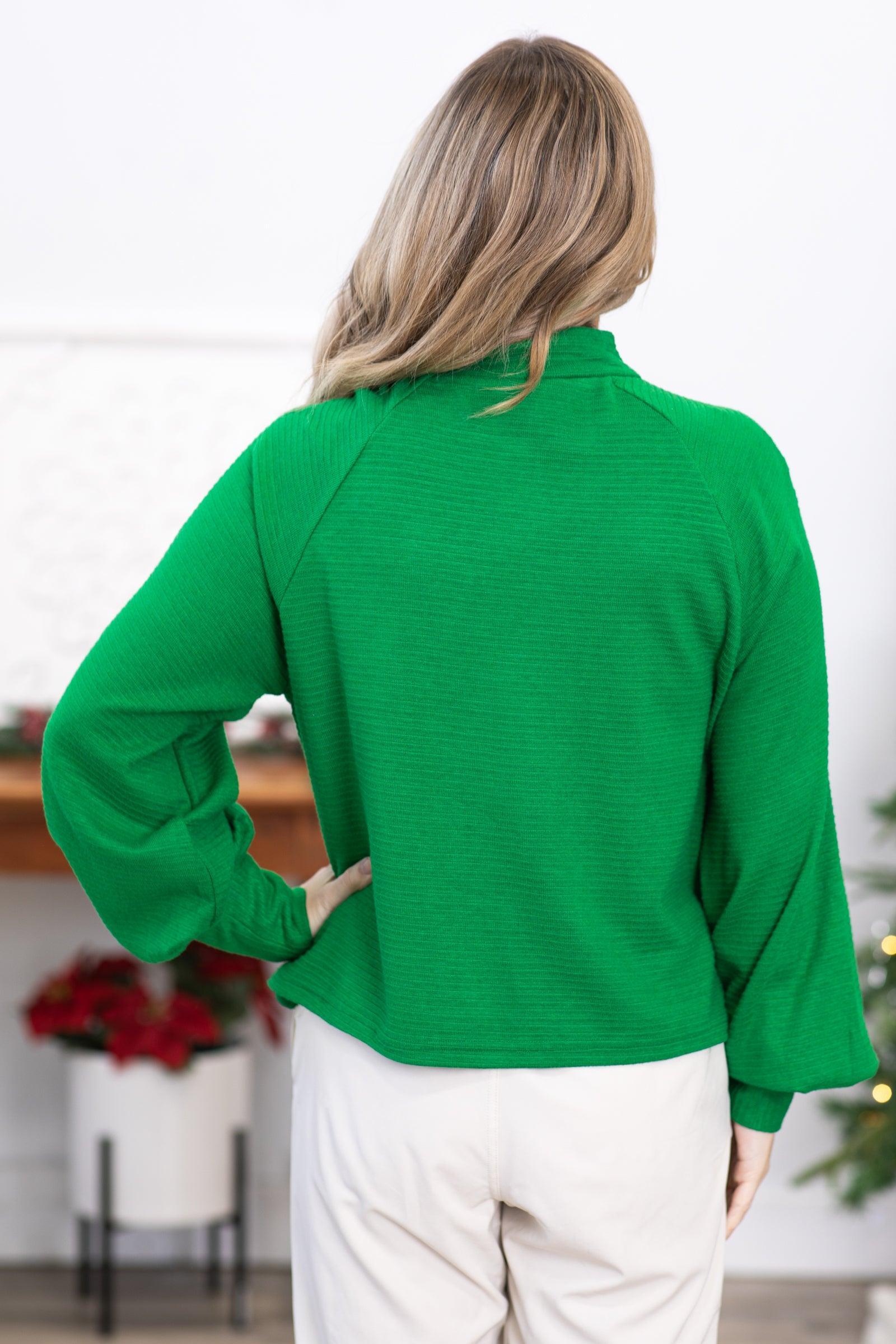 Green Mock Neck Ribbed Raglan Sleeve Top Product Image