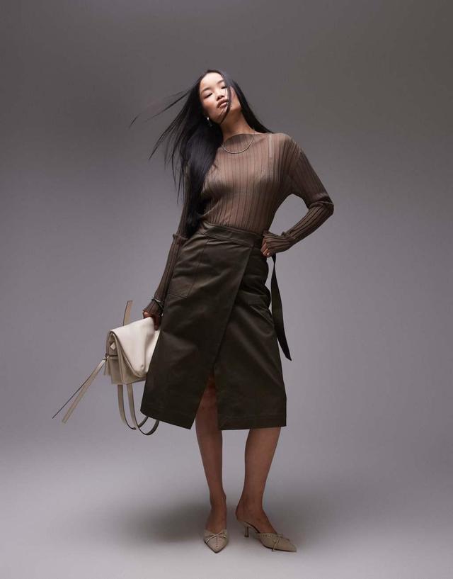 ARKET midi wrap skirt with pleat detail and utility pocket in dark khaki green Product Image