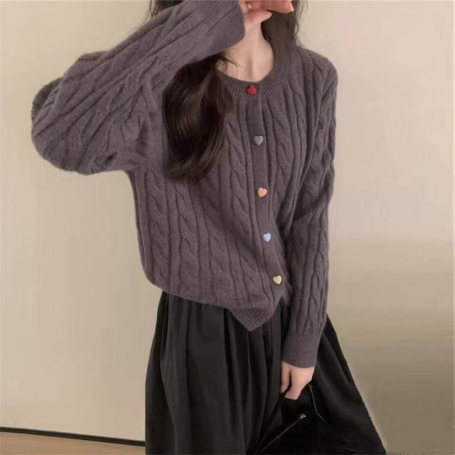 Round Neck Plain Buttoned Cable Knitted Cardigan Product Image