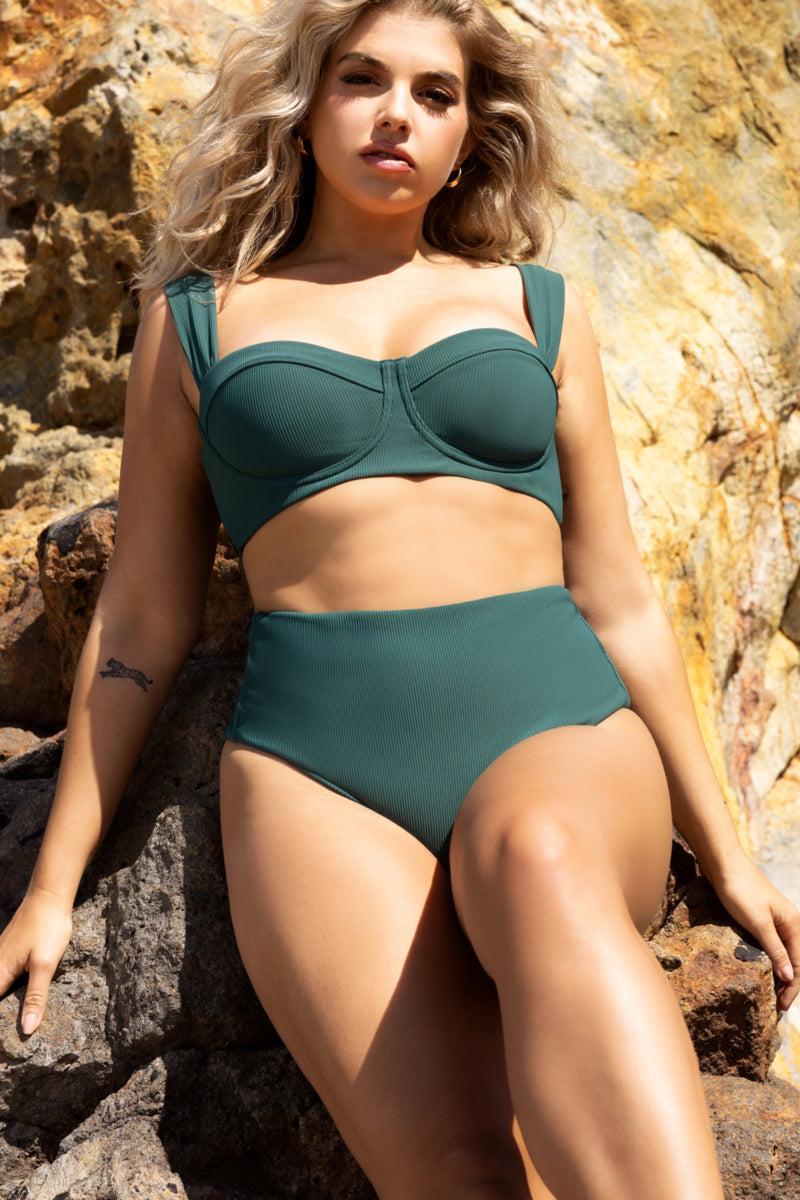 High Tide Cheeky Bikini Bottoms - Green Rib Product Image