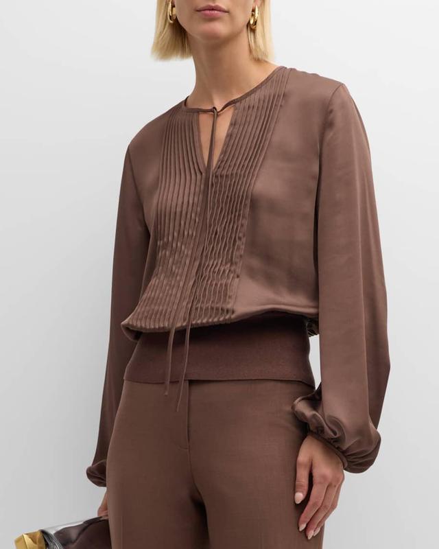 Pintuck Blouson-Sleeve Satin Blouse Product Image