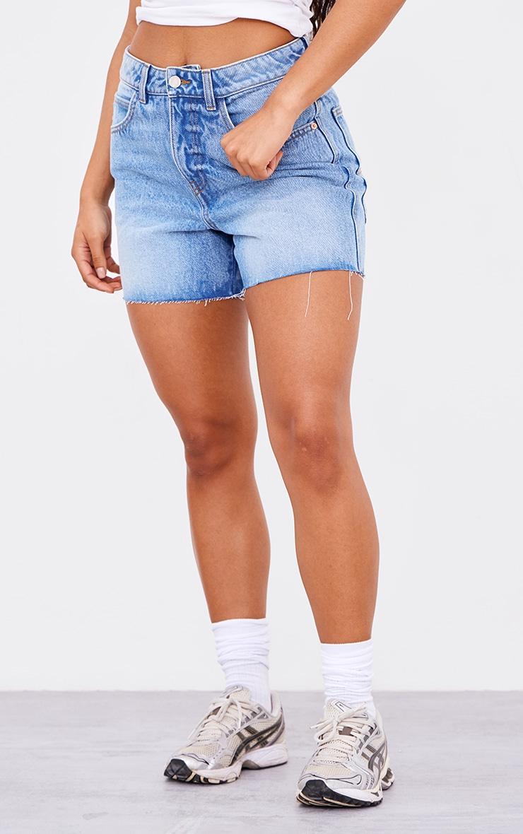 PRETTYLITTLETHING Mid Blue Wash Raw Hem Boyfriend Denim Shorts Product Image