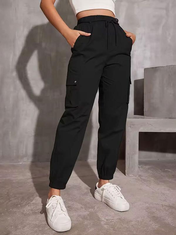 High Waisted Elasticity Pockets Solid Color Split-Joint Tied Waist Cargo Pants Trousers Product Image