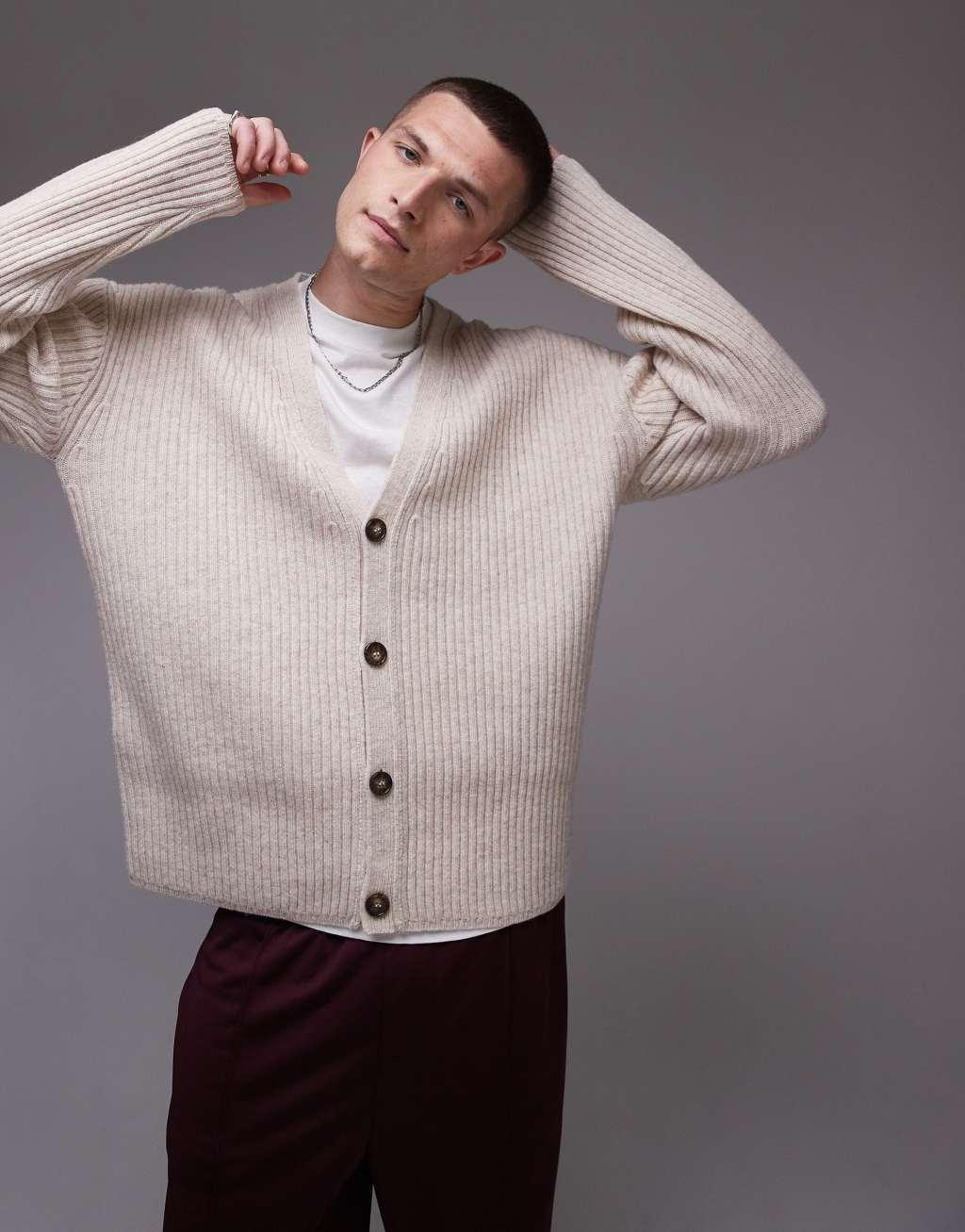 Topman premium lambs wool ribbed cardigan in stone Product Image