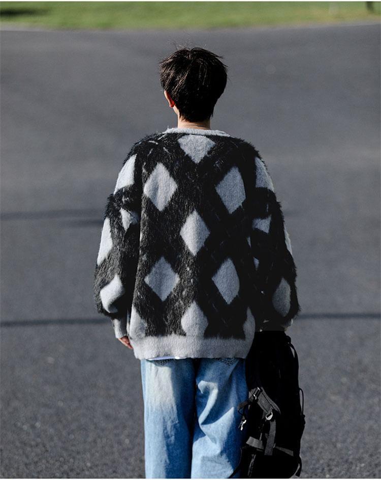 V-Neck Argyle Fluffy Cardigan Product Image