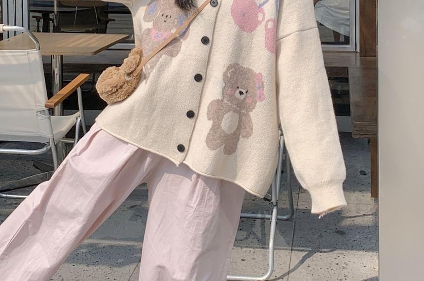 Crewneck Bear Jacquard Cardigan / High Rise Wide Leg Pants Product Image