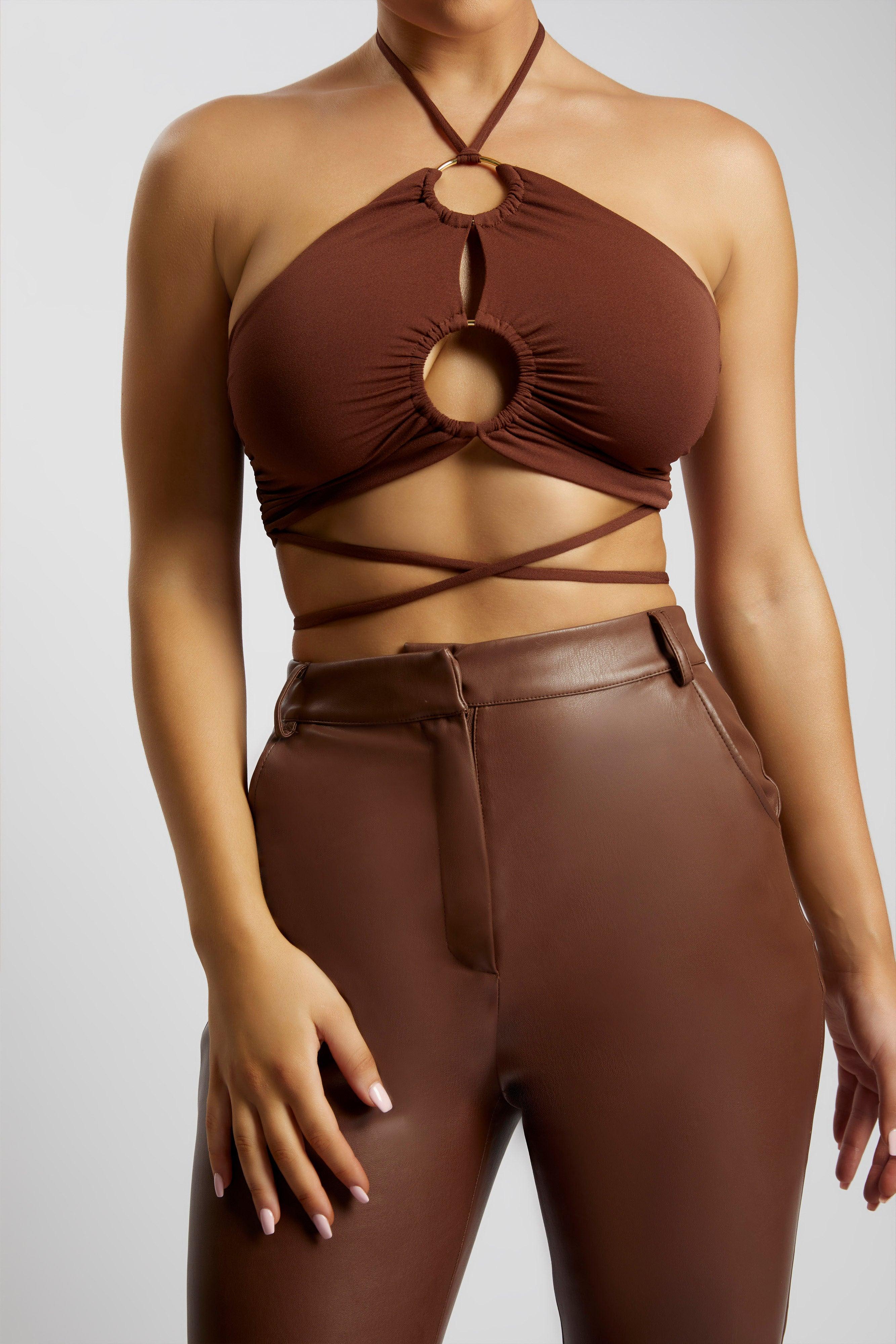 Sabrina Ruched Halter Crop Top - Chocolate Product Image