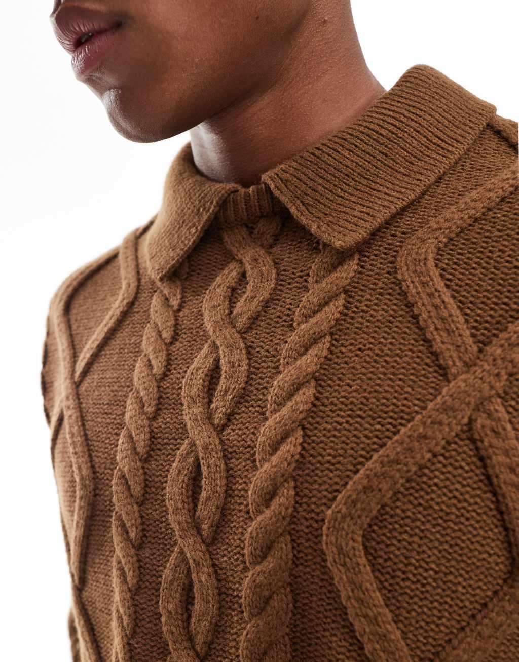 ASOS DESIGN oversized boxy fit heavyweight knitted wool mix cable sweater with collar in brown heather Product Image