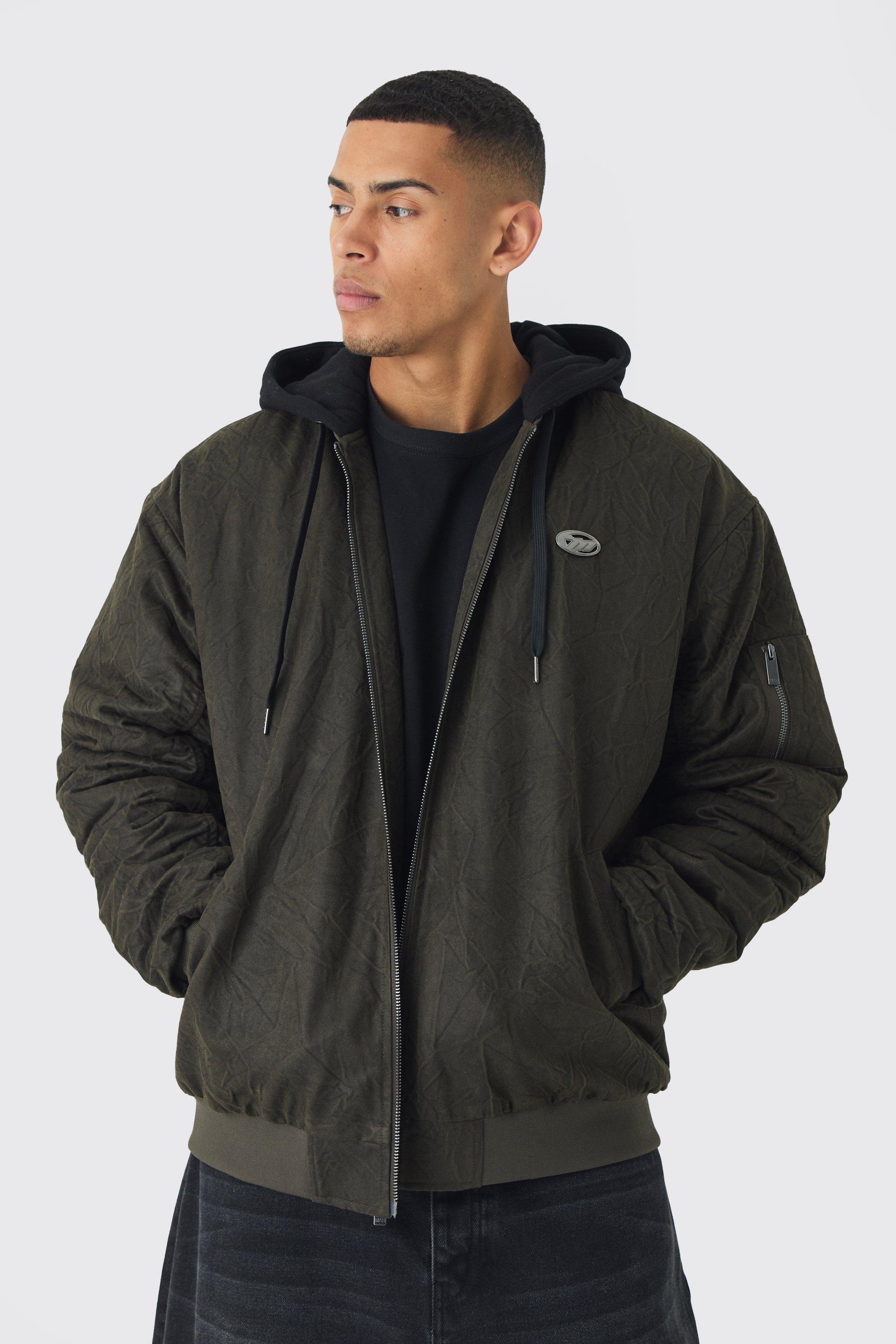 Oversized Washed Crinkle Hooded Bomber Jacket In Dark Brown | boohooMAN USA product image