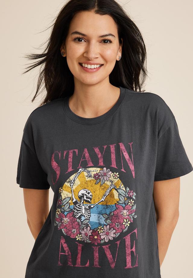 Maurices Womens X Small Size Stayin Alive Floral Skeleton Oversized Fit Graphic Tee Product Image