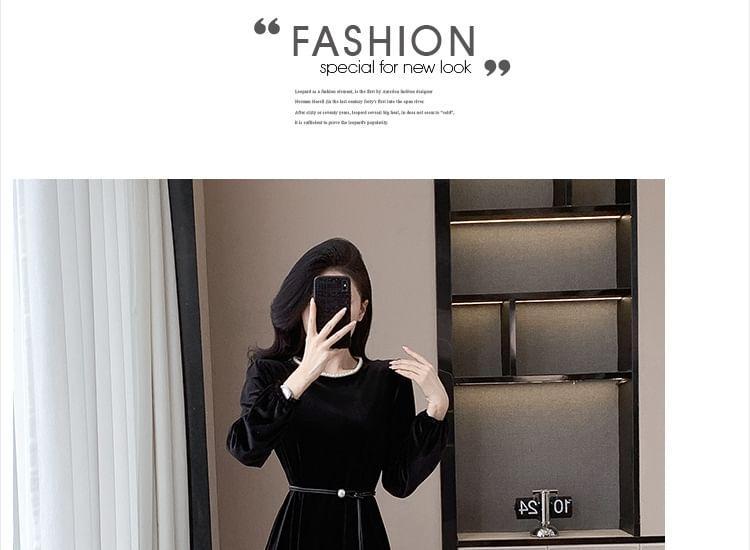 Long-Sleeve Crewneck Velvet Midi A-Line Dress Product Image