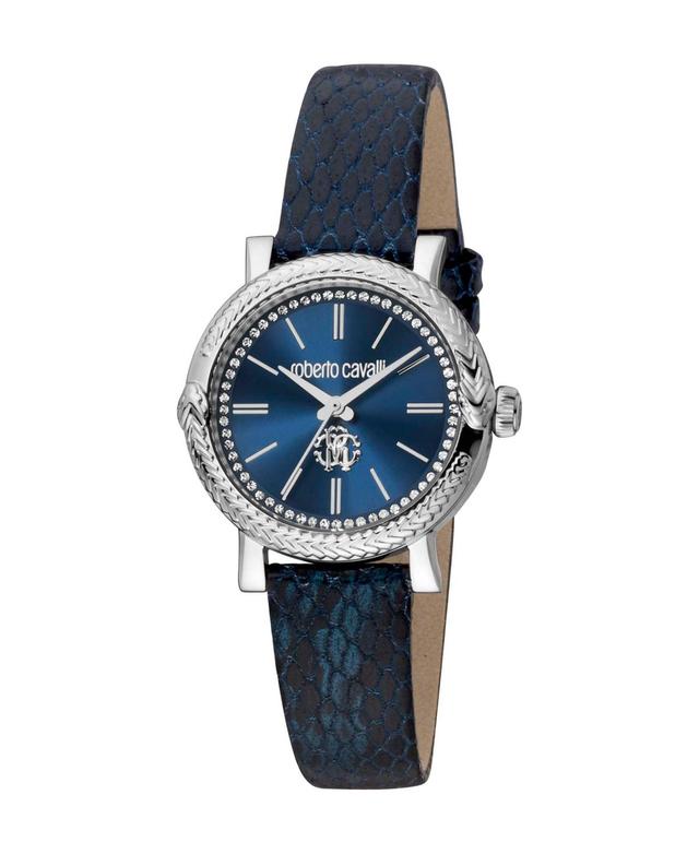 Roberto Cavalli Womens Quartz Blue Leather Watch 30mm - Silver Product Image