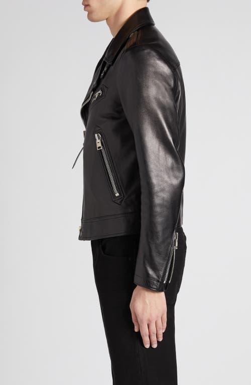 Quilted Lining Lambskin Leather Biker Jacket In Black Product Image