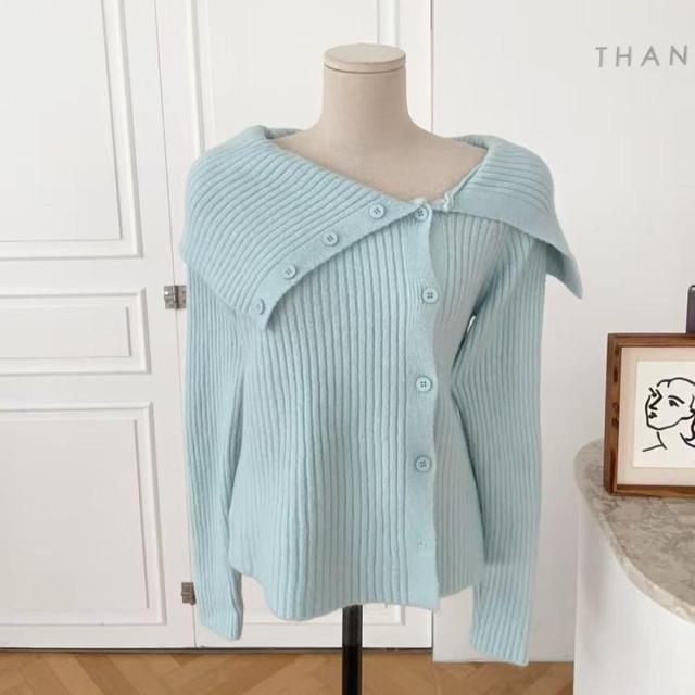 Off-Shoulder Long-Sleeve Plain Ribbed Button-Up Knit Top Product Image