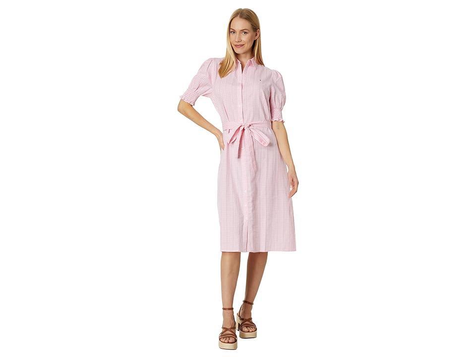 Tommy Hilfiger Puff Sleeve Gingham Midi Dress (Dobby Gingham/English Rose/Bright White) Women's Clothing Product Image