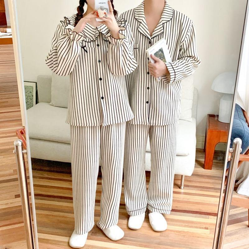 Couple Matching Pajama Set: Long-Sleeve Striped Button-Up Top + Pants (Various Designs) Product Image