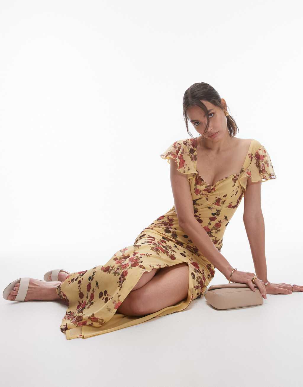 Topshop flutter sleeve occasion maxi dress in yellow floral Product Image