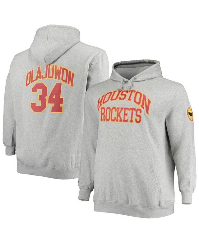 Mens Mitchell & Ness Hakeem Olajuwon Heather Gray Houston Rockets Big and Tall Name and Number Pullover Hoodie Product Image