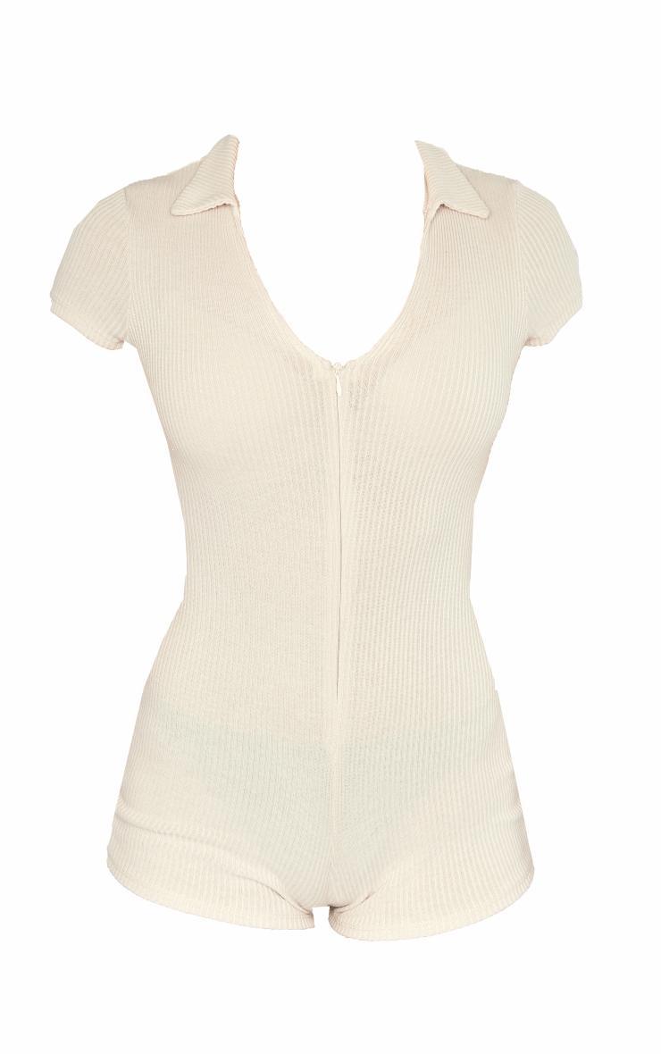 Cream Ribbed Jersey Zip Up Collar Romper Product Image