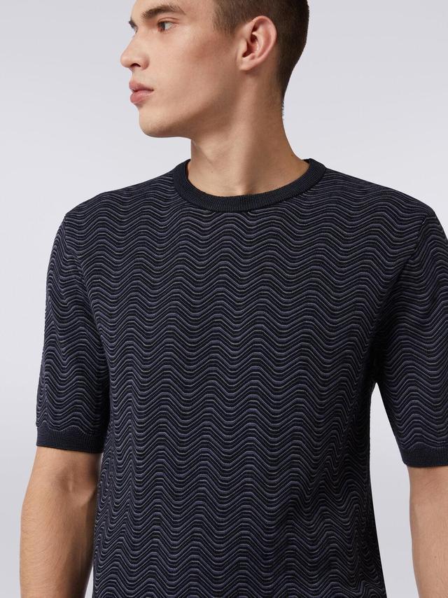 Wool and viscose crew-neck T-shirt with wave pattern White, Black & Beige | Missoni Product Image