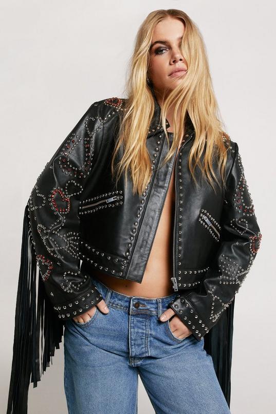 Real Leather Studded Fringe Jacket product image