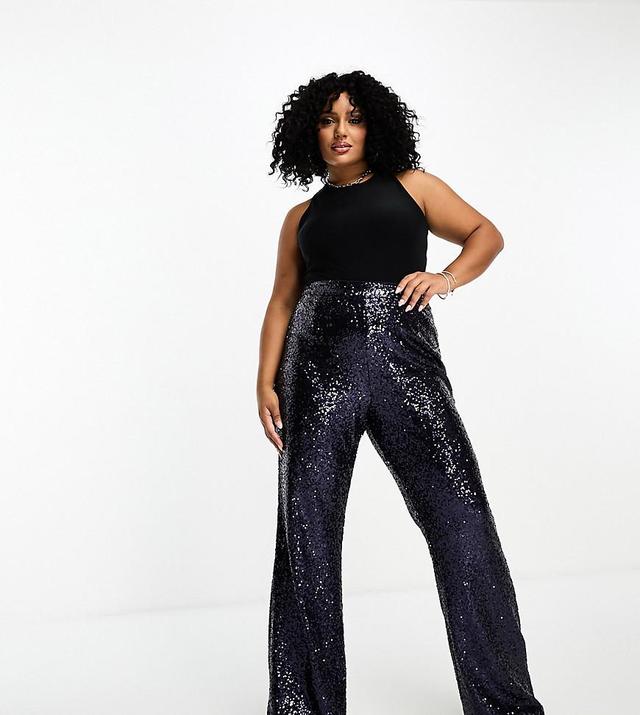 Collective the Label Plus exclusive sequin wide leg pants in midnight blue Product Image