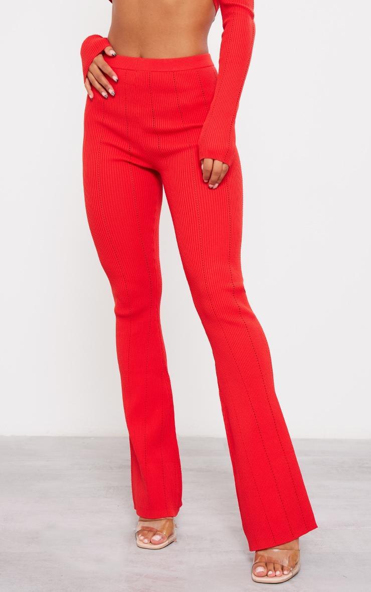 Red Rib Knit Flared Pants Product Image