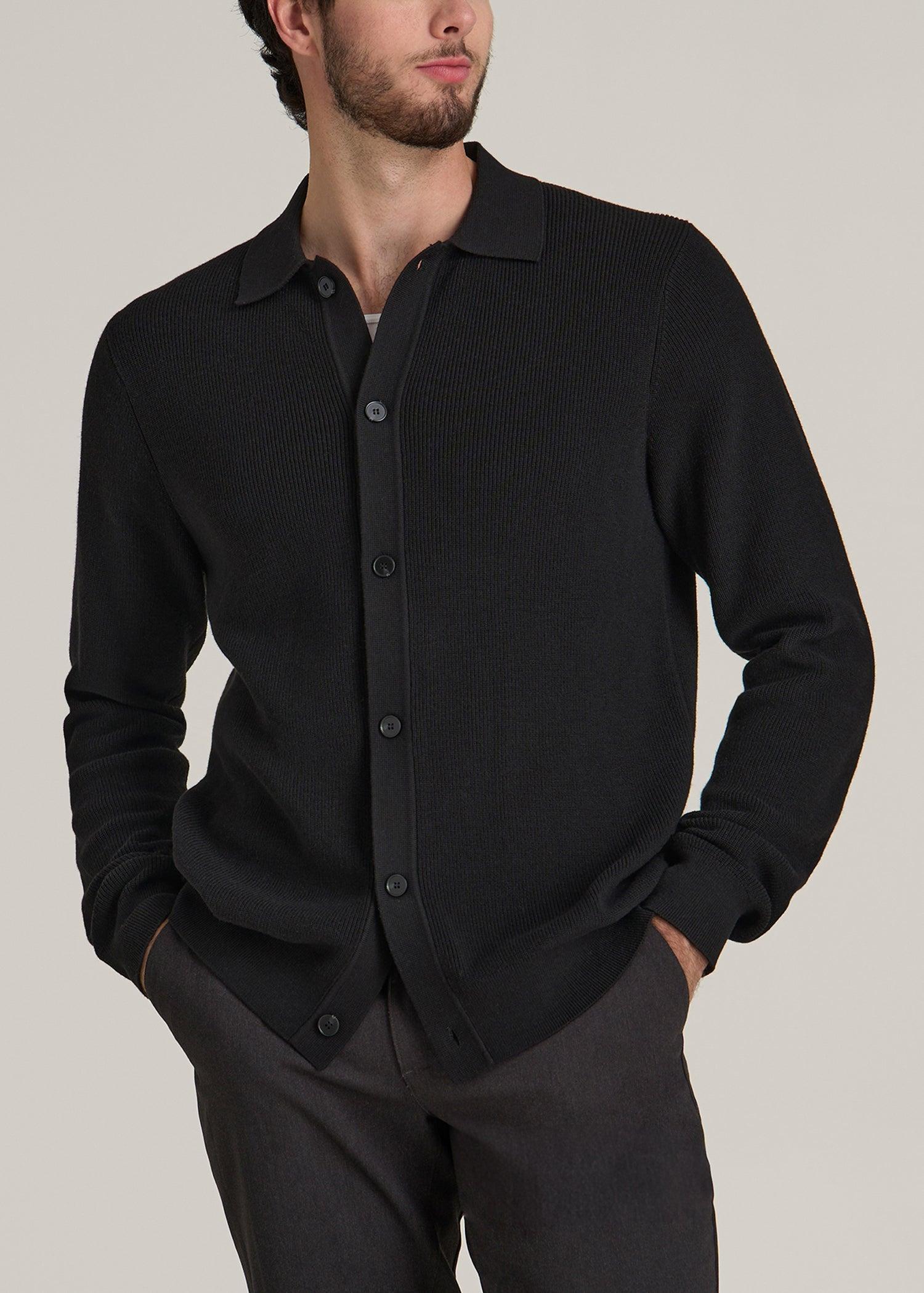 Sweater Polo Cardigan for Tall Men in Black Product Image